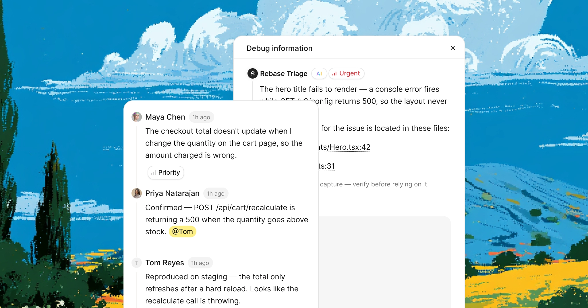 A bug report in Rebase, with the captured session shown in the debug panel beside it
